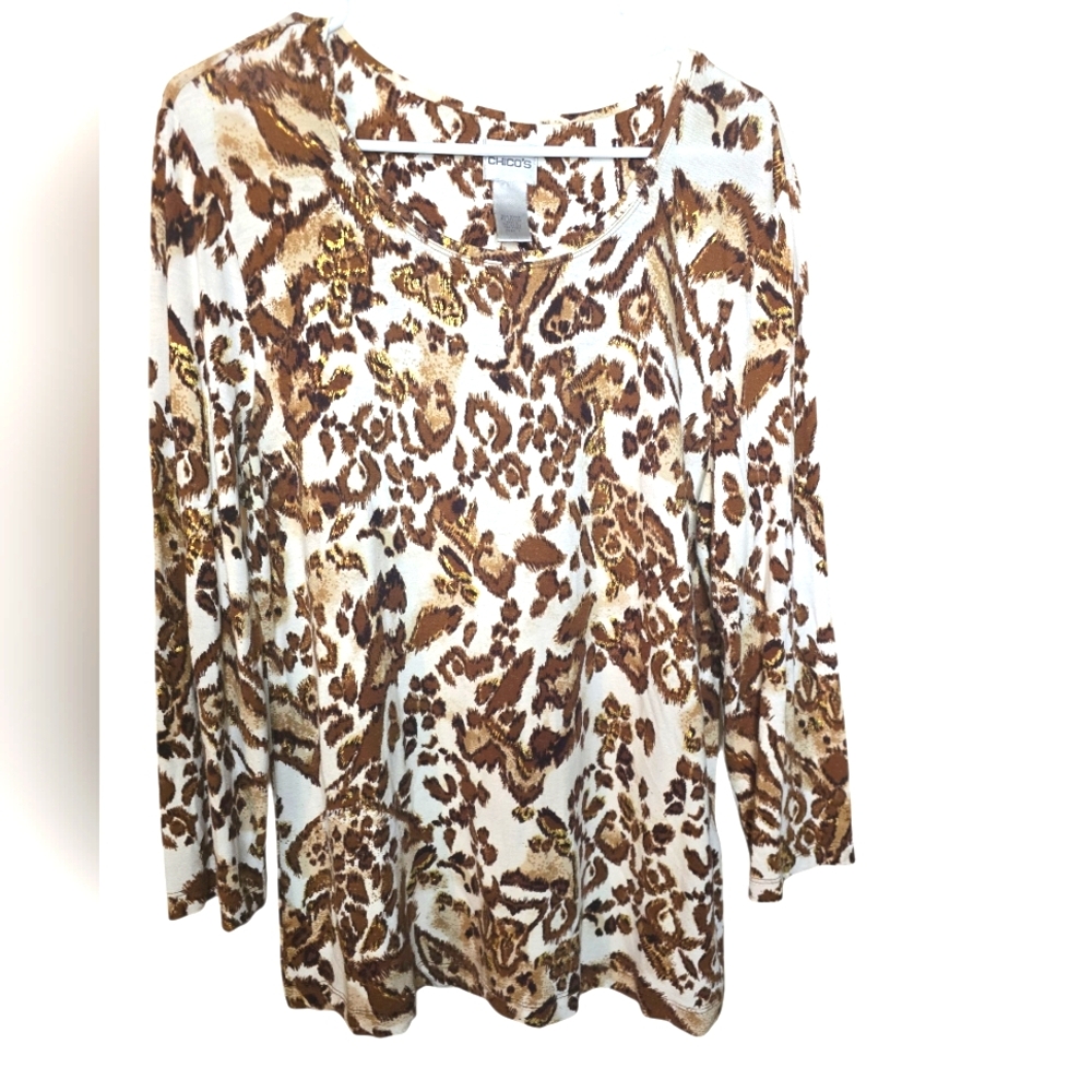 Chico's Animal Print With Gold Metallic Accent 3/4 Sleeve Blouse Size M